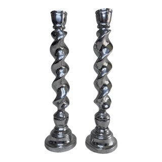 Vintage Large English Traditional Barley Twist Silver Tone Candlesticks, a Pair For Sale