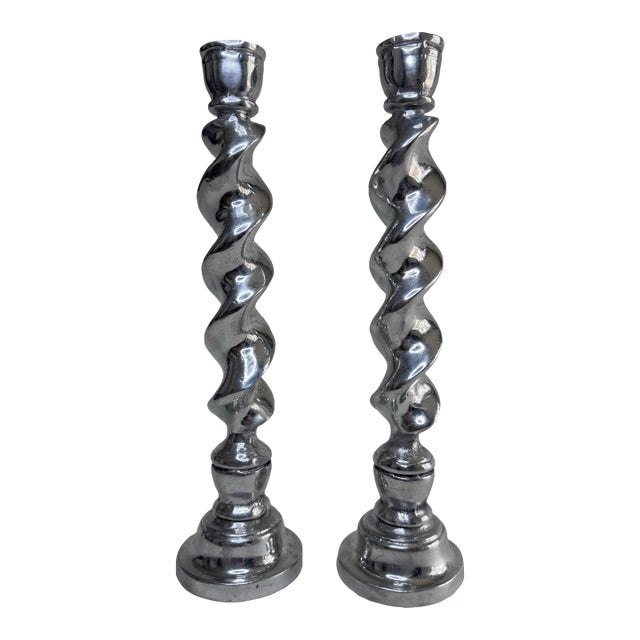 Vintage Large English Traditional Barley Twist Silver Tone Candlesticks, a Pair For Sale