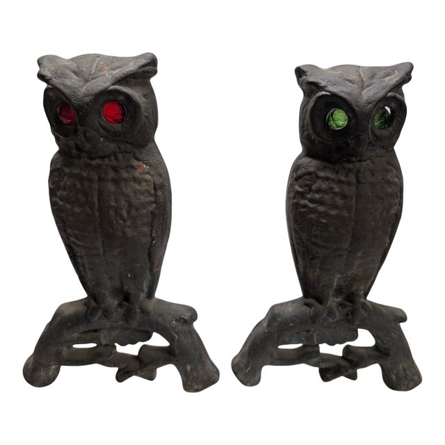 Antique Owl Cast Iron Fireplace Andirons For Sale