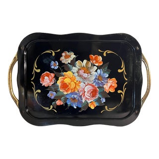 Vintage Mid Century Large Scolloped Floral ToleWare Tray With Handles For Sale