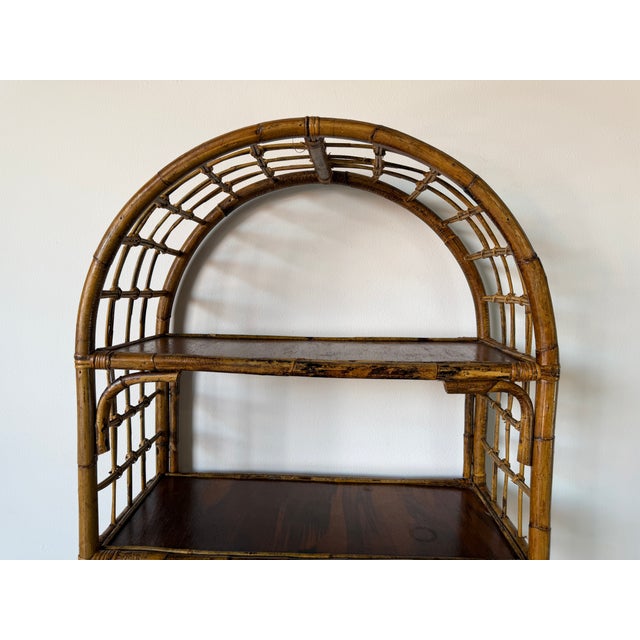 Brown 1970's Vintage Coastal Bamboo Rattan Arched Etagere Shelf For Sale - Image 8 of 14