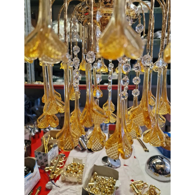 Vintage Gold Rain Chandelier with Crystals and Murano Glass Flowers, Italy, 1966 For Sale - Image 10 of 15