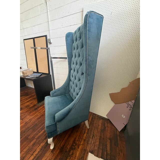 Textile Blue Velvet Wingback Armchair – Tufted High‑Back Accent Chair With Nailhead Trim For Sale - Image 7 of 7