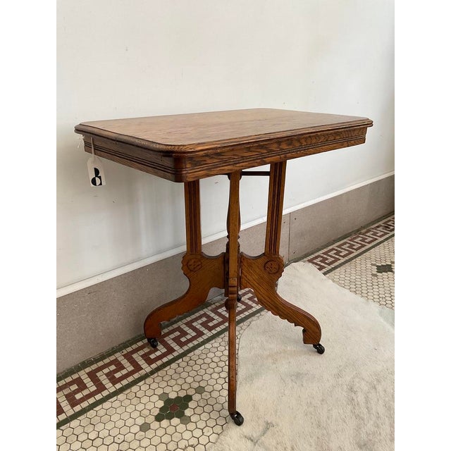 Antique Victorian Carved Quarter Sawn Oak Parlor Table on Casters, Eastlake Style For Sale In Raleigh - Image 6 of 18