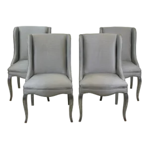 1950s Gray Vinyl French Country Wing Back Style Dining Chairs With Nailhead Trim- Set of 4