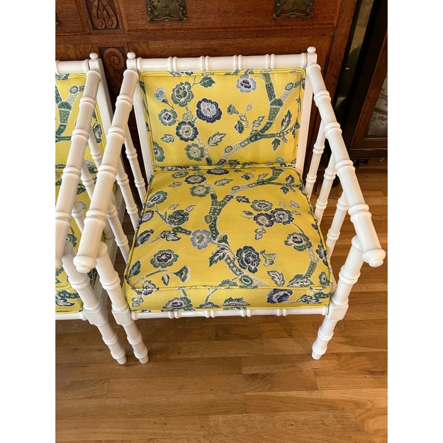 1970s 1971 White Chinoiserie Faux Bamboo Club Chairs by Ayers Furniture With Mad Cap Cottage Fabric For Sale - Image 5 of 11