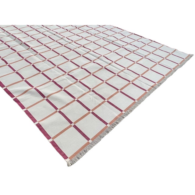 Not Yet Made - Made To Order Handmade Cotton Area Rug Cream, Raspberry Pink & Terracotta Red Windowpane Dhurrie - 10'x14' For Sale - Image 6 of 11