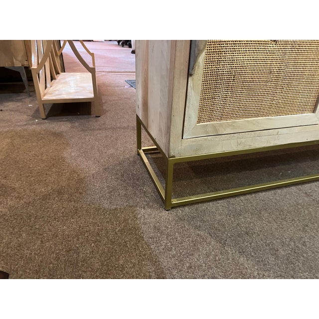 Natural Wood & Rattan Sliding Door Cabinet With Brass Base For Sale In Philadelphia - Image 6 of 8