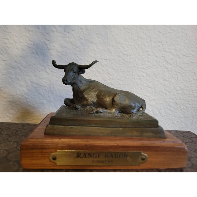 Signed Bronze “Range Baron” Longhorn Sculpture on Wood Base For Sale - Image 11 of 12