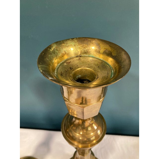Mid-Century 2-Foot Tall Large Brass Candlesticks- a Pair For Sale In Oklahoma City - Image 6 of 9