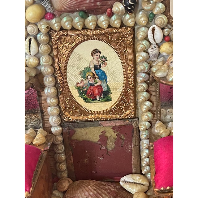 English Reduced-Antique Sailors Valentines Sea Shell Box Pin Cushion For Sale - Image 3 of 6