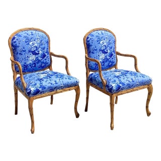 Pair of Ralph Lauren Blue Chintz Branch Wood Framed Chairs For Sale