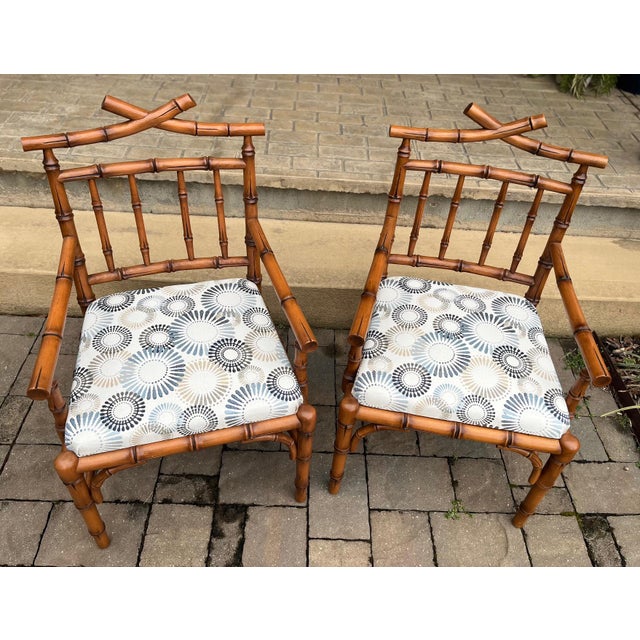 Art Deco Early 21st Century Chinoiserie Influenced Faux Bamboo Chairs by Mark David Pair For Sale - Image 3 of 13