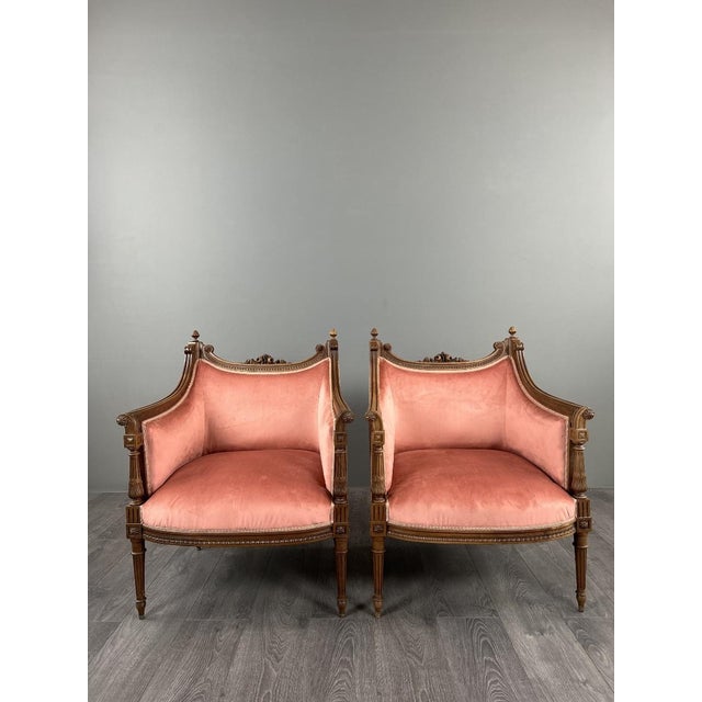 Beige 20th Century Louis XVI Bergère Armchairs in Carved Wood and Velvet, Set of 2 For Sale - Image 8 of 13