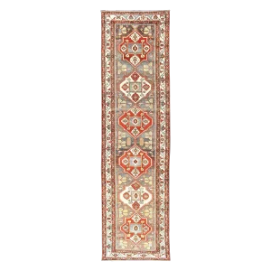 Antique Persian Bakhtiari Runner With Bold Geometric Medallions in Terracotta