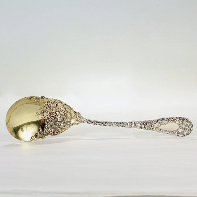 Gold Antique Durgin Chrysanthemum Sterling Silver Fork & Spoon Salad Servers For Sale - Image 8 of 11