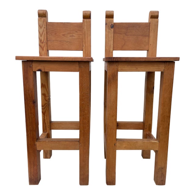 Late 20th Century Vintage Rustic Mexican Pine Bar Stools a Pair