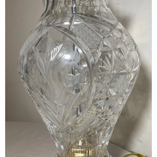 High Quality Vintage Brass Clear Cut Glass Etched Crystal Electric Table Lamp For Sale - Image 14 of 14