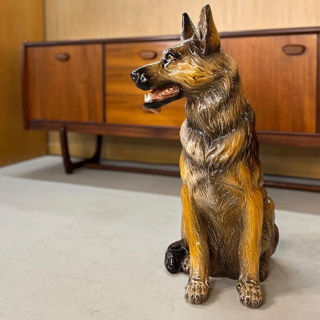 Italian Made Hand Painted and Glazed Terra Cotta Near Life Size German Shepherd For Sale - Image 9 of 13