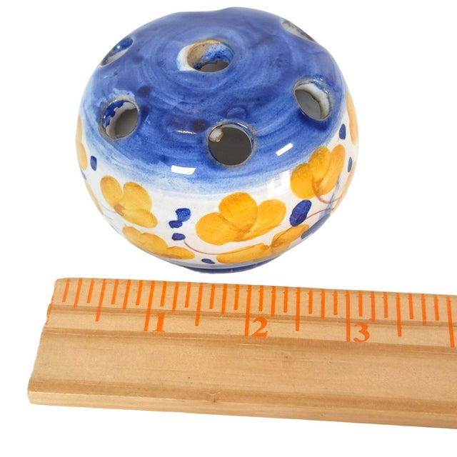 Vintage Italian Hand-Painted Blue & Yellow Floral Ceramic Flower Frog Bud Vase For Sale - Image 13 of 13
