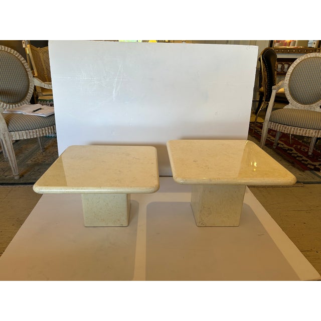 Stone Square Lacquered Wood Faux Marble Overlapping Cocktail Tables- A Pair For Sale - Image 7 of 12
