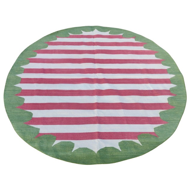 Handmade Cotton Area Rug, Green and White Striped Dhurrie With Mustard Border -5' Round For Sale - Image 11 of 11