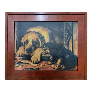 Vintage Canvas on Board Print of Dogs Enjoying a Bone For Sale