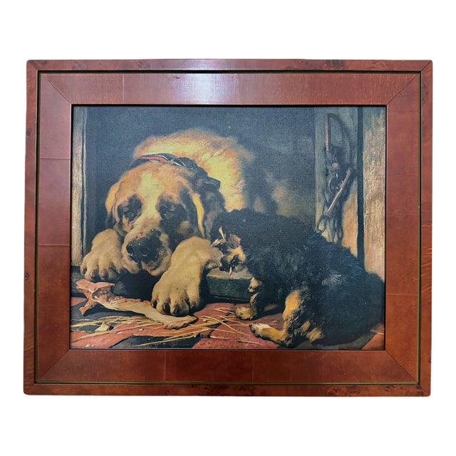 Vintage Canvas on Board Print of Dogs Enjoying a Bone For Sale