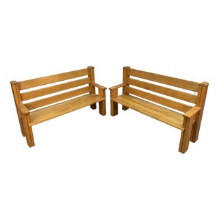 Pair of Mission-Style Solid Oak Slat Benches For Sale