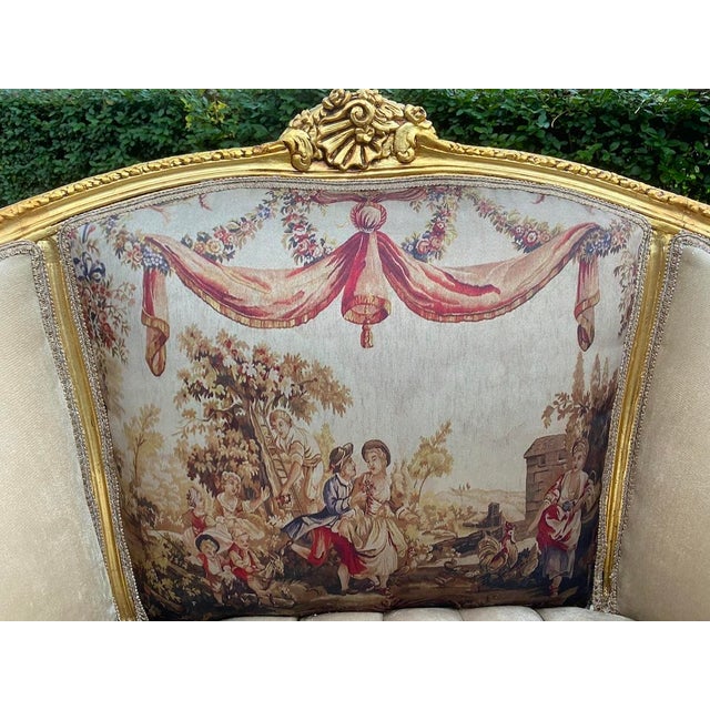 c.1900 French Marquise Gold Beech Velvet Loveseat For Sale - Image 9 of 13