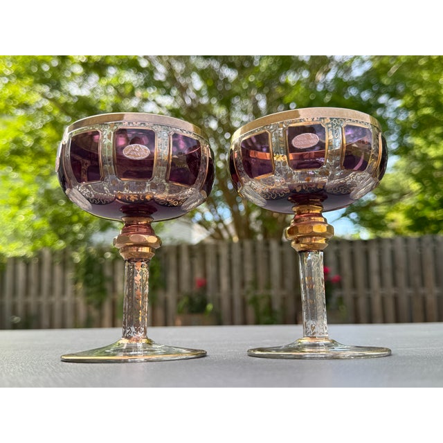 Early 20th Century Early 1900s Moser Czech Bohemian Amethyst Paneled Cabochon 24k Champagne Coupes - A Pair For Sale - Image 5 of 8