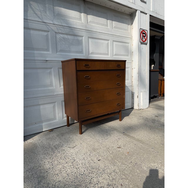 Mid Century Modern Walnut Highboy Dresser With Sculptural Brass Ring Pulls For Sale - Image 11 of 12