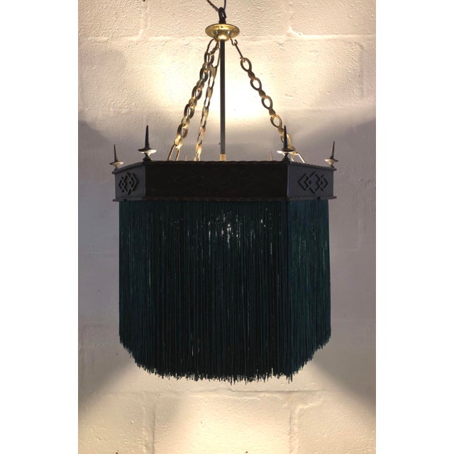 Metal Edwardian Gothic Hexagonal Copper Green Tassel Fringe Chandelier Pendant Light, 1900s For Sale - Image 7 of 15