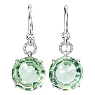Mid 20th Century 18k White Gold Diamond Cabochon Green Amethyst Hanging Earrings, Pair For Sale