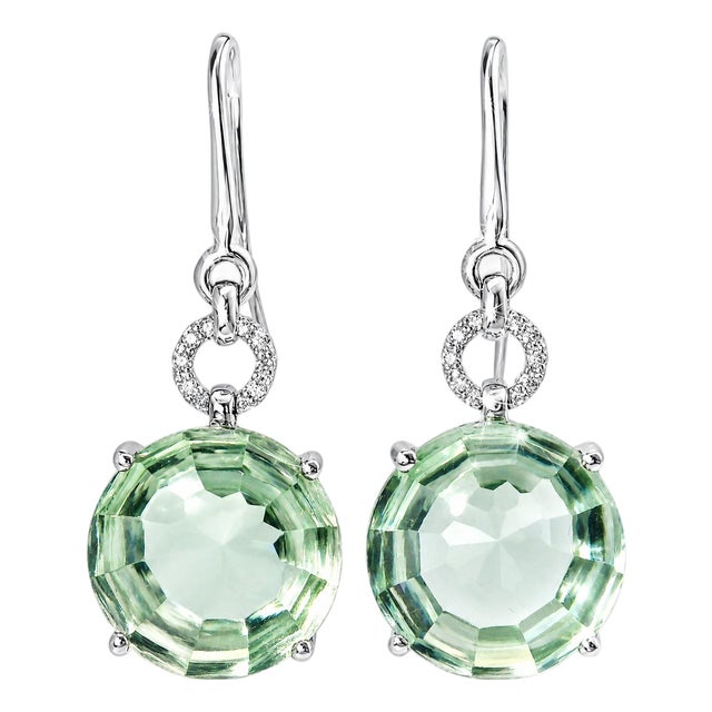 Mid 20th Century 18k White Gold Diamond Cabochon Green Amethyst Hanging Earrings, Pair For Sale