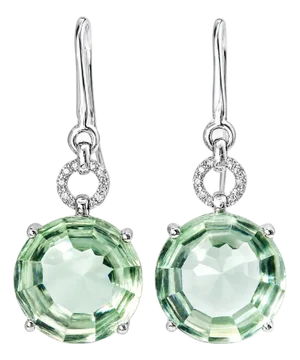 Mid 20th Century 18k White Gold Diamond Cabochon Green Amethyst Hanging Earrings, Pair