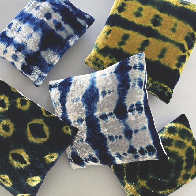 2020s Rousseau Hand Dyed Silk Velvet Pillow, Gold & Indigo Ikat Abstract Pattern For Sale - Image 5 of 5