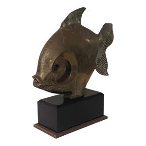 Vintage 1980s Bronze or Brass Fish Sculpture on Wooden Base