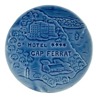 Vintage Grand Hotel Cap Ferrat Blue Ceramic Ashtray Catchall Dish For Sale