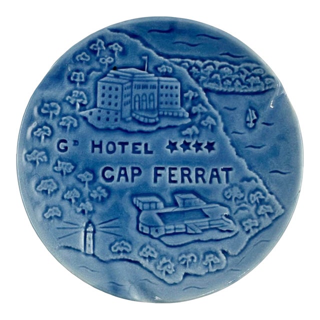 Vintage Grand Hotel Cap Ferrat Blue Ceramic Ashtray Catchall Dish For Sale