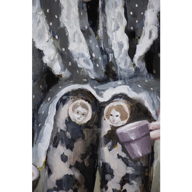 Contemporary Coffee for Two by Nadezda | Oil on panel Woman seated with cups, featuring portraits on her dress. For Sale - Image 3 of 5