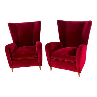 Mid-Century Pair of Red Velvet Armchairs in Gio Ponti Manner. Italy 1950s For Sale
