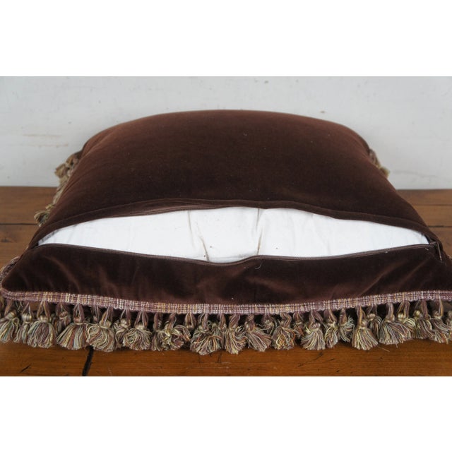 Textile Mid 20th Century Down Filled Floral Embroidered Brown Velvet Tassel Lumbar Throw Pillow For Sale - Image 7 of 9
