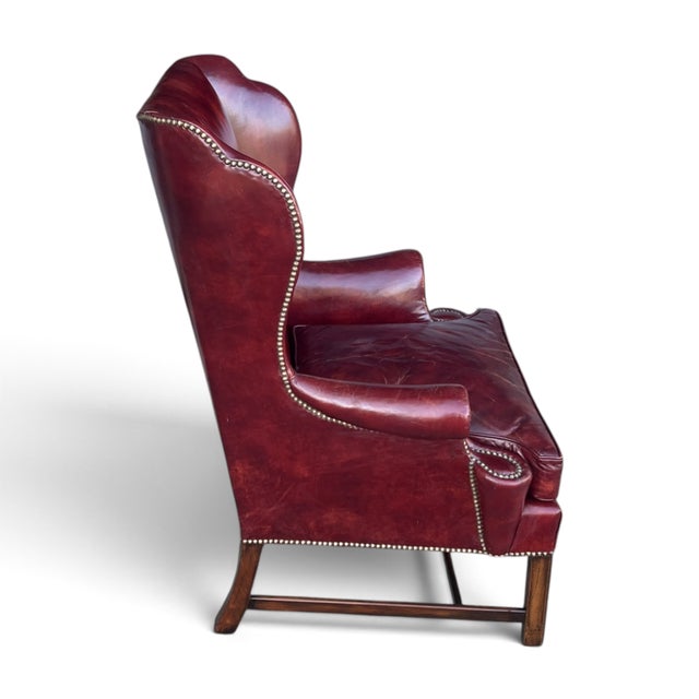 Vintage Burgundy Leather Wingback Chair With Brass Nailhead Trim by Baker For Sale - Image 16 of 18