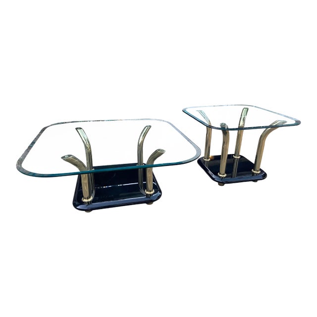 Vintage Postmodern Attributed to Karl Springer Style Brass Tusks Coffee Table & End Table Set For Sale
