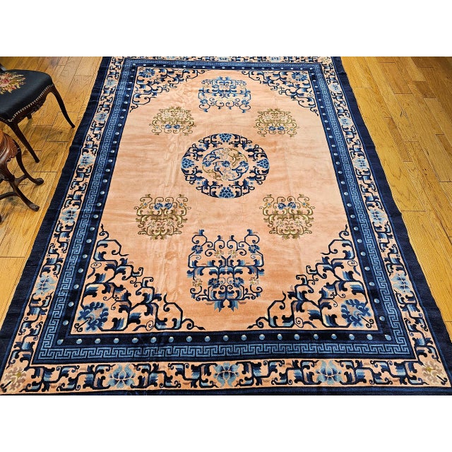 Taupe Early 20th Century Art Deco Chinese Rug, Handwoven Wool Pile, Apricot & Navy, Lotus Motif, 8' x 11' For Sale - Image 8 of 18
