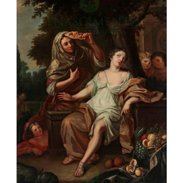 Baroque Circle of Caspar Netscher, Allegory, 1600s, Oil on Canvas For Sale - Image 3 of 7