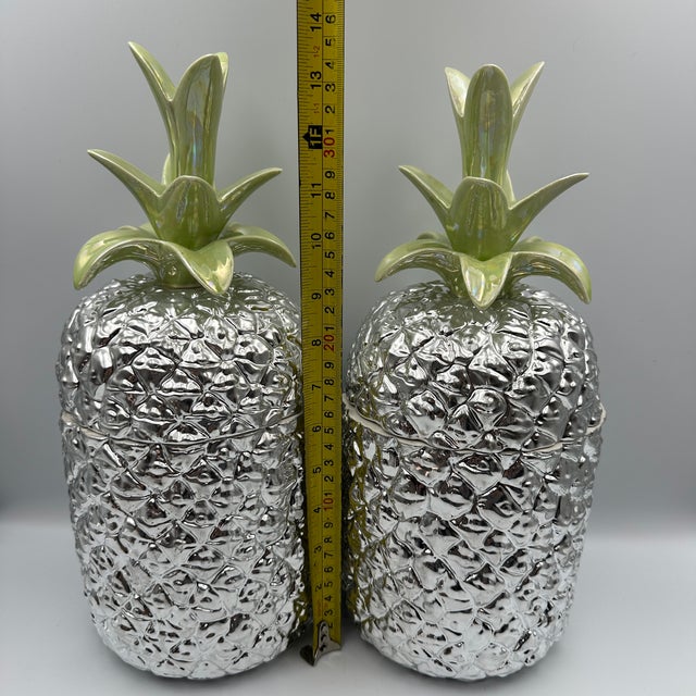 Green Pair Large 13.5" Silver Italian Ceramic Pineapple Canister Pottery Jars Green Lid For Sale - Image 8 of 8