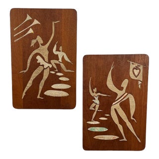 Mid-Century Abstract Figural Dancers Walnut Wall Plaques - A Pair For Sale