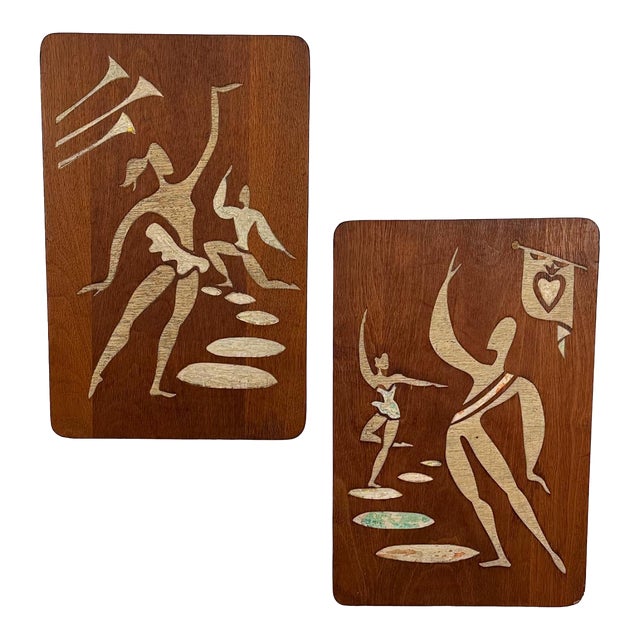 Mid-Century Abstract Figural Dancers Walnut Wall Plaques - A Pair For Sale